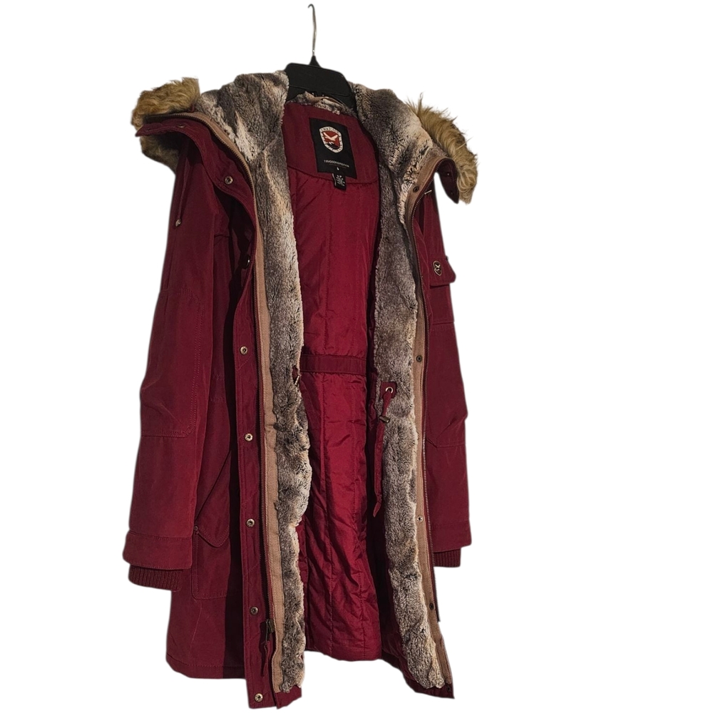 Women's Maroon Puffer Coat with Faux Fur Trim